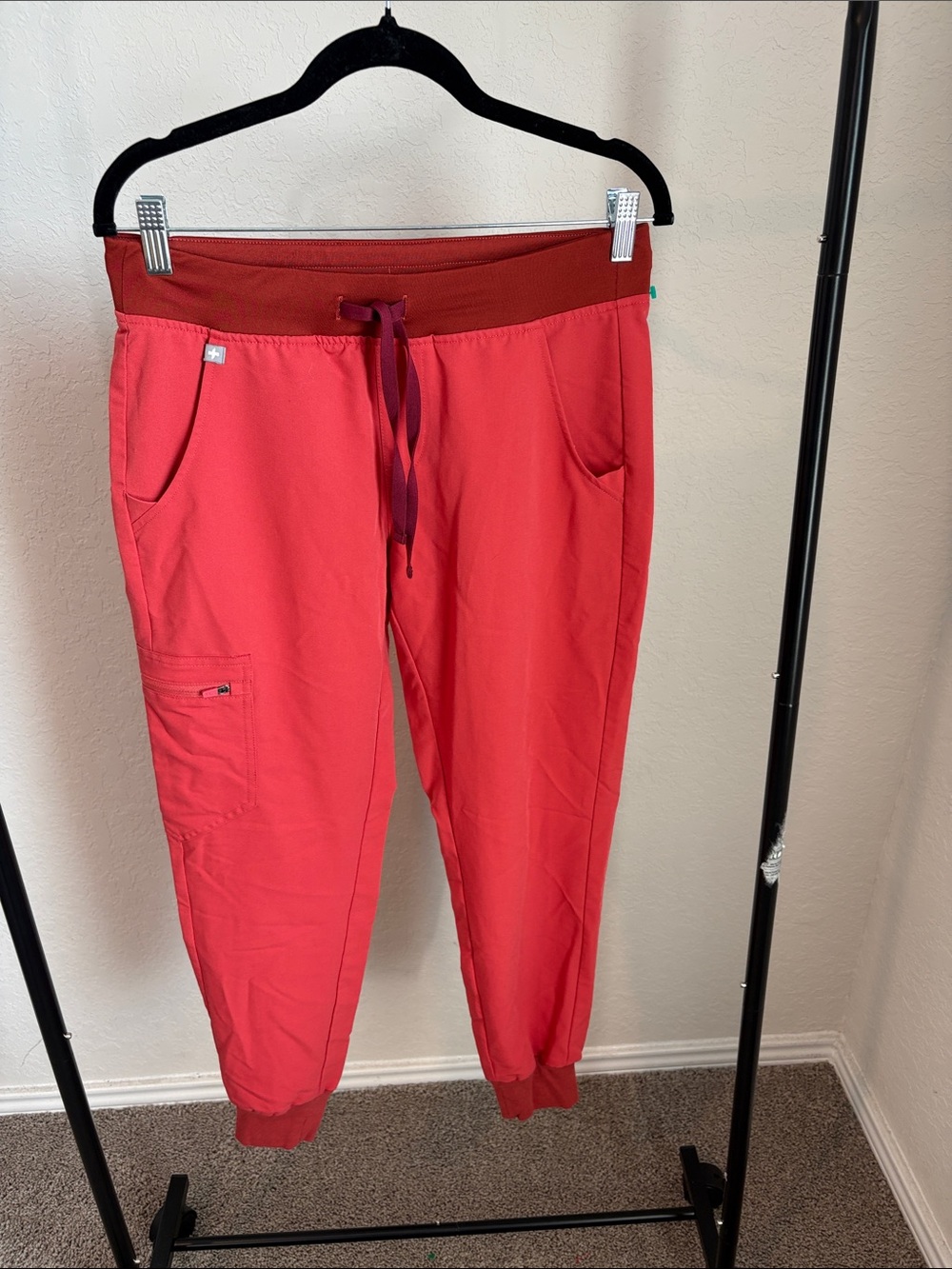 Figs Women's Coral Red Jogger Scrub Pants with Contrast Waistband